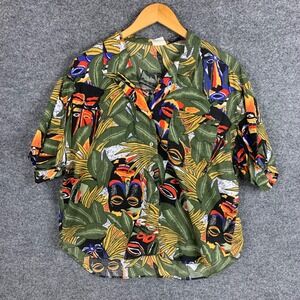 Vintage Xtra Tiki Native  Short Sleeve Button Up Shirt Green Tribal Print 40